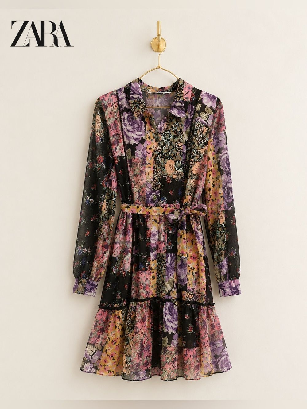 ZARA Patchwork Floral Chiffon Belted Mini Dress
